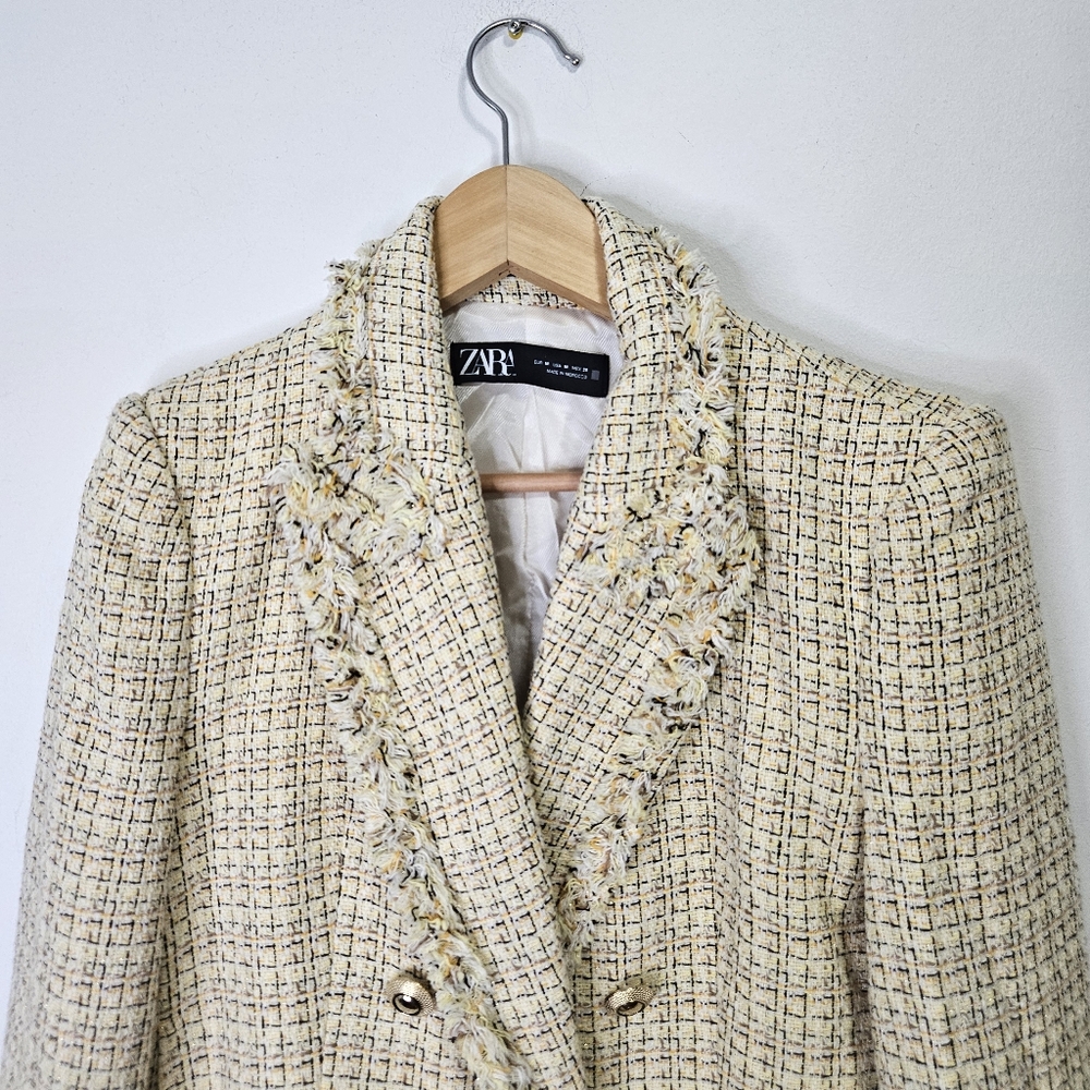 SOLD Zara Tweed Cropped Blazer Sz M Butter Yellow Double Breasted Preppy - Picture 7 of 13